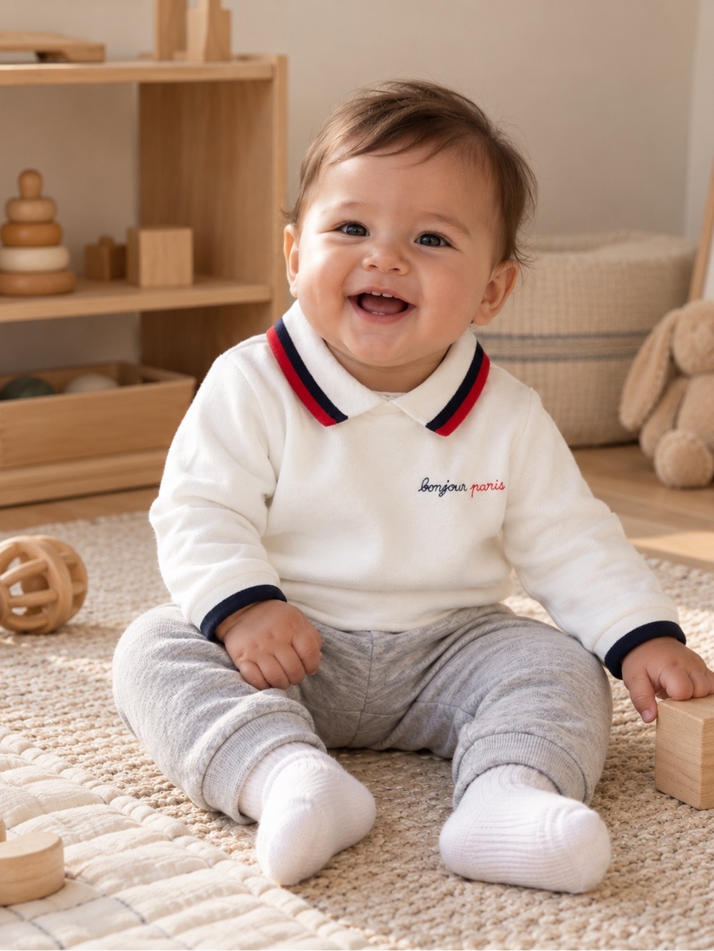 Jacadi Cream Polo Top with Navy & Red Trim